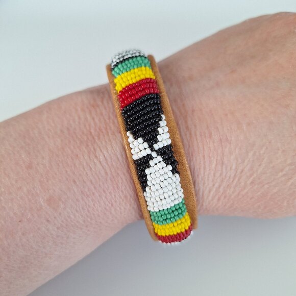 Handmade Beaded Leather Bangle Bracelet - Picture 1 of 9